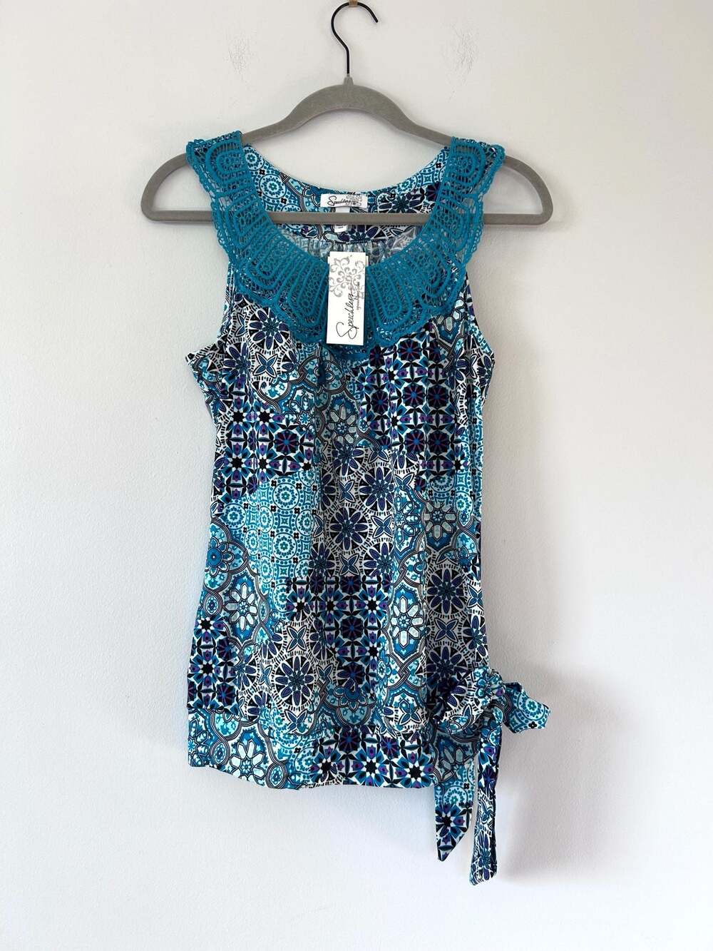 Speechless Blue Mosaic Summer Crochet Neck Side Tie Top Size Large